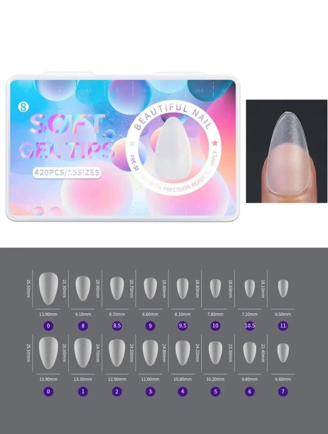 Boite de 420 Soft Gel Tips Amande S pour Ongles - 15 Tailles – Mat OCIBEL