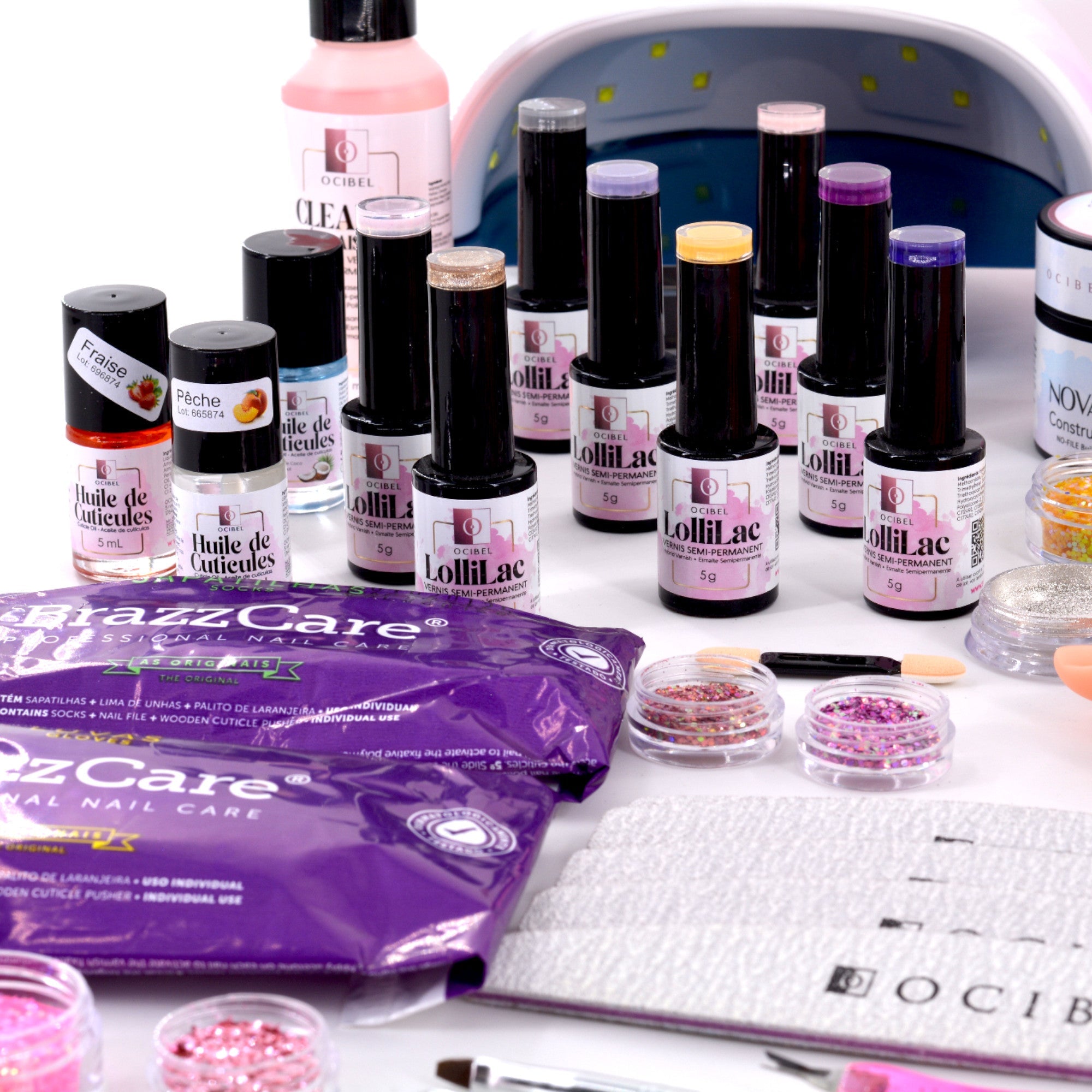 Kit Ongles Complet Master – Gel de Construction Sans Limage, 2 Lampes 72 W USB, 8 Vernis LolliLac, Accessoires et Soins Professionnels OCIBEL