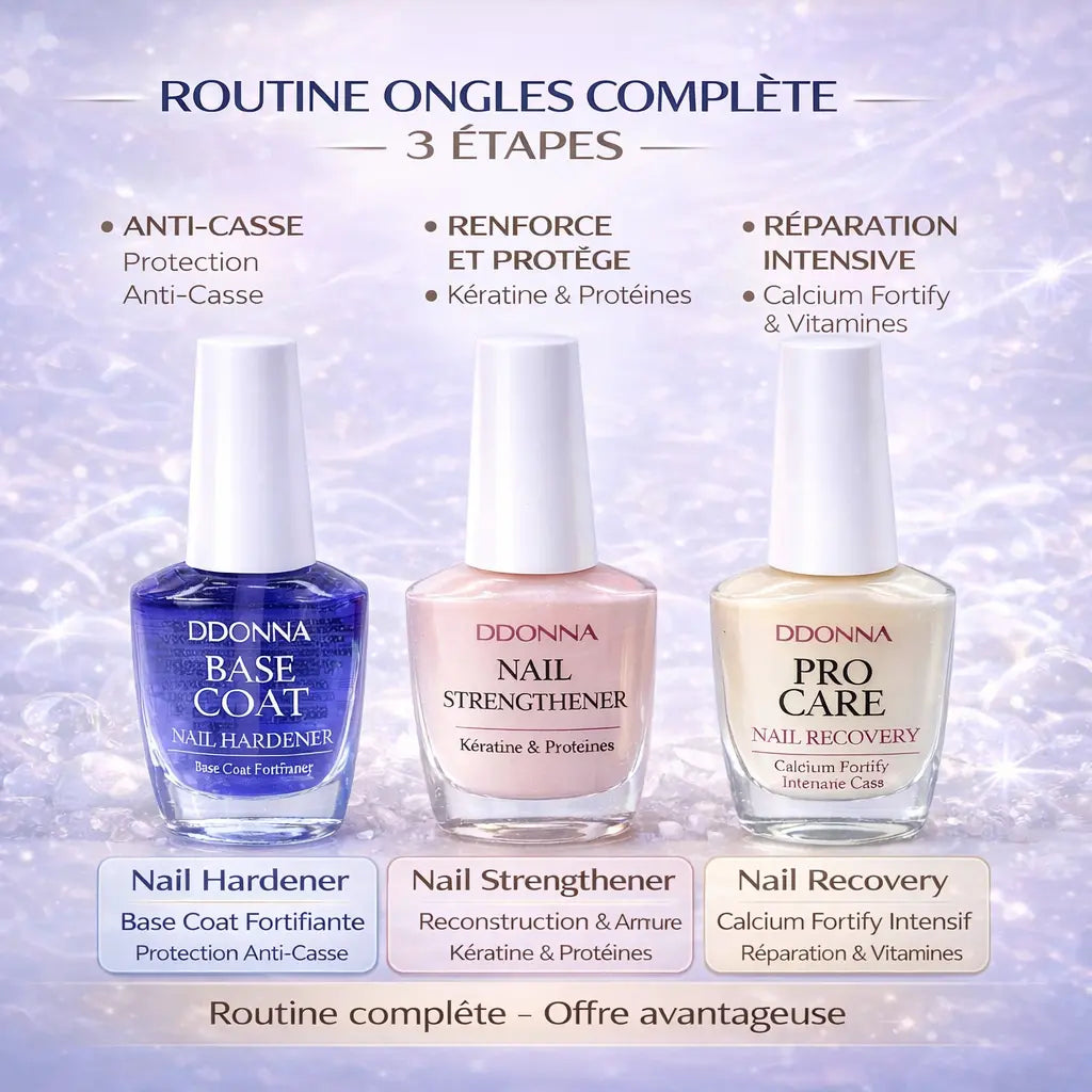 Lot 3 Soins Ongles Professionnels – Routine Complète 3 Étapes – Base Coat Durcisseur + Nail Strengthener Kératine + Nail Recovery Calcium – Renforce, Protège et Répare Intensivement OCIBEL