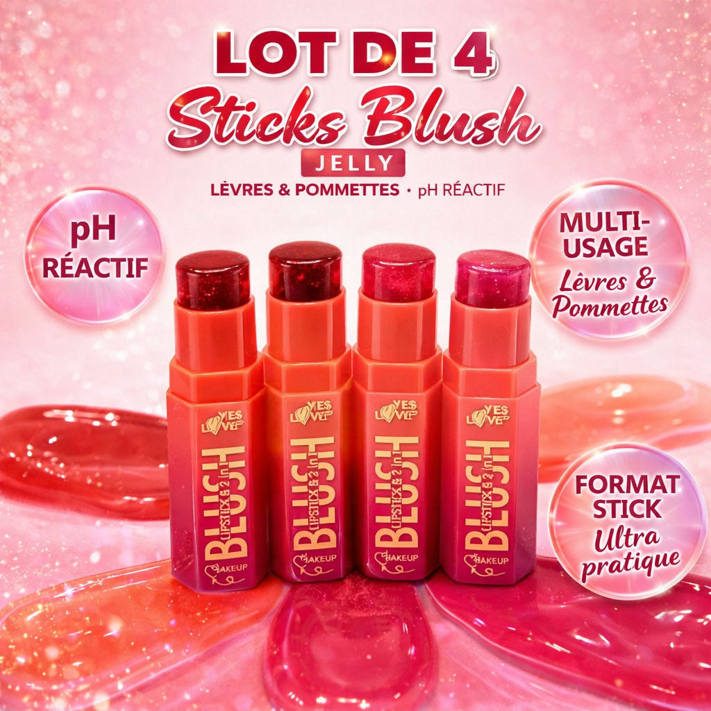 Lot de 4 Lipstick Blush Lèvres et Pommettes pH Réactif – Baume Teinté Hydratant Effet Personnalisé Texture Crémeuse Multi-Usage Teint et Lèvres OCIBEL