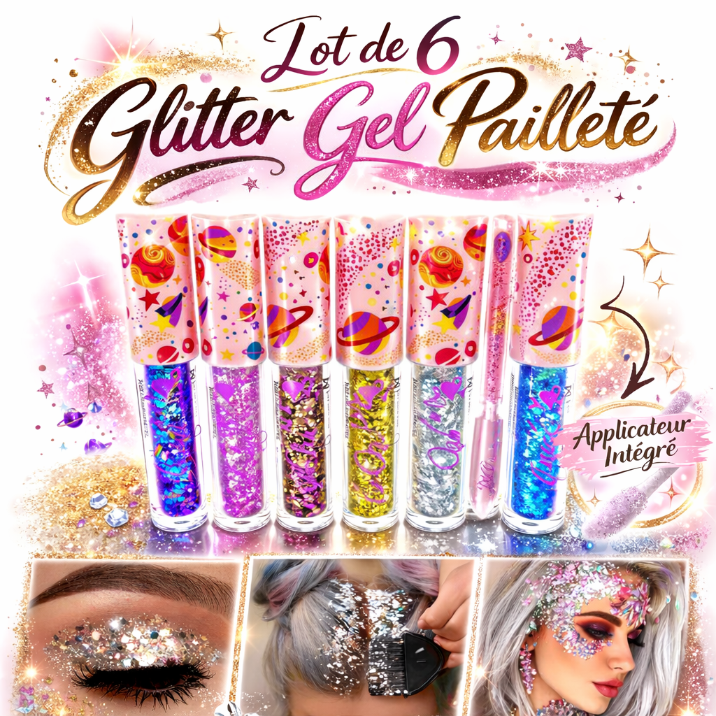 Lot de 6 Glitter Gel Pailleté 4 ml – Yeux, Visage, Lèvres & Cheveux – Applicateur Intégré – Maquillage Festival & Soirée - Nuances #1 OCIBEL