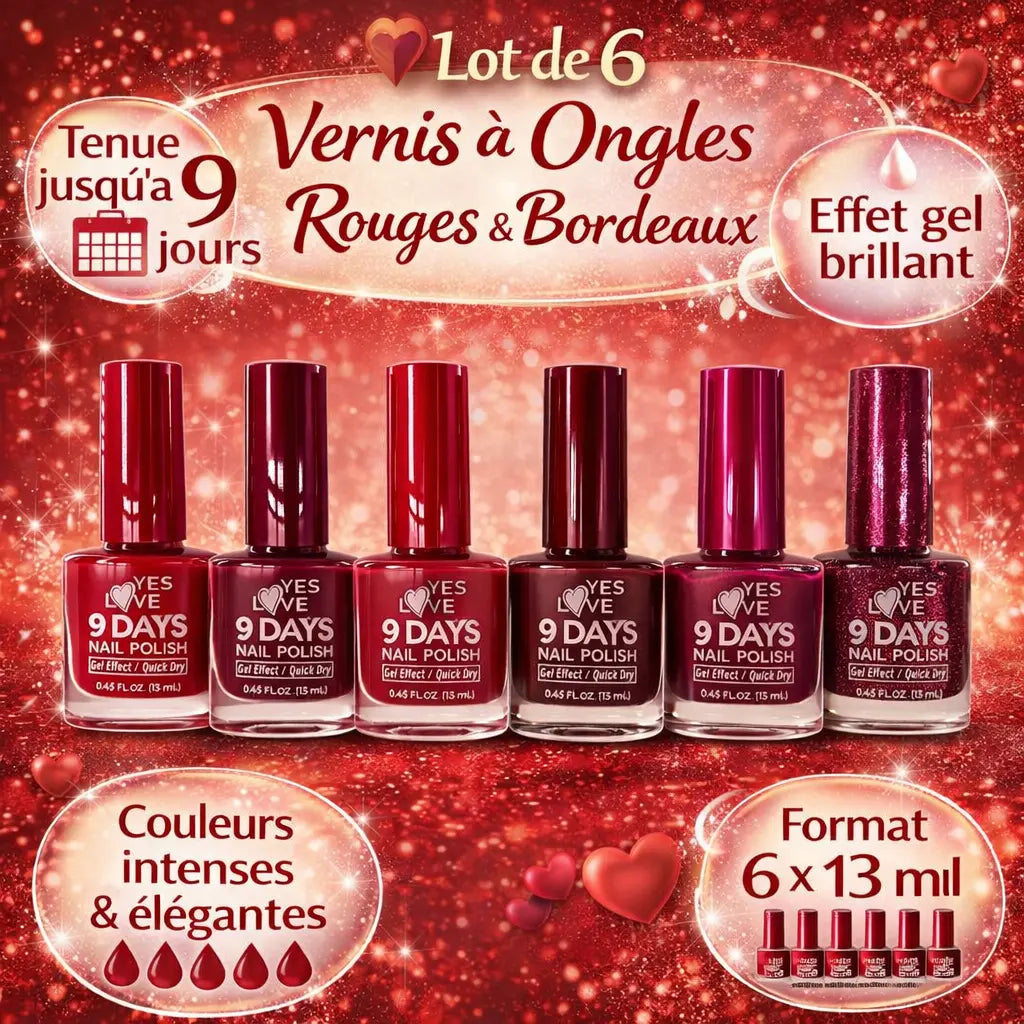 Lot de 6 Vernis à Ongles Rouges & Bordeaux 6 x 13 ml – Effet Gel Brillant – Tenue 9 Jours – Séchage Rapide – Couleurs Intenses & Élégantes – Finition Professionnelle OCIBEL