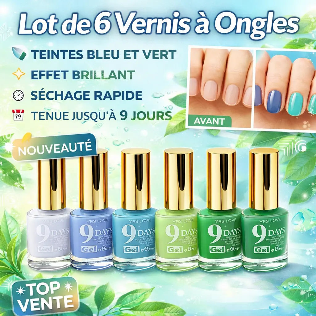 Lot de 6 vernis à ongles bleu et vert – effet brillant – séchage rapide – tenue jusqu’à 9 jours – couleurs fraîches élégantes – 13 ml