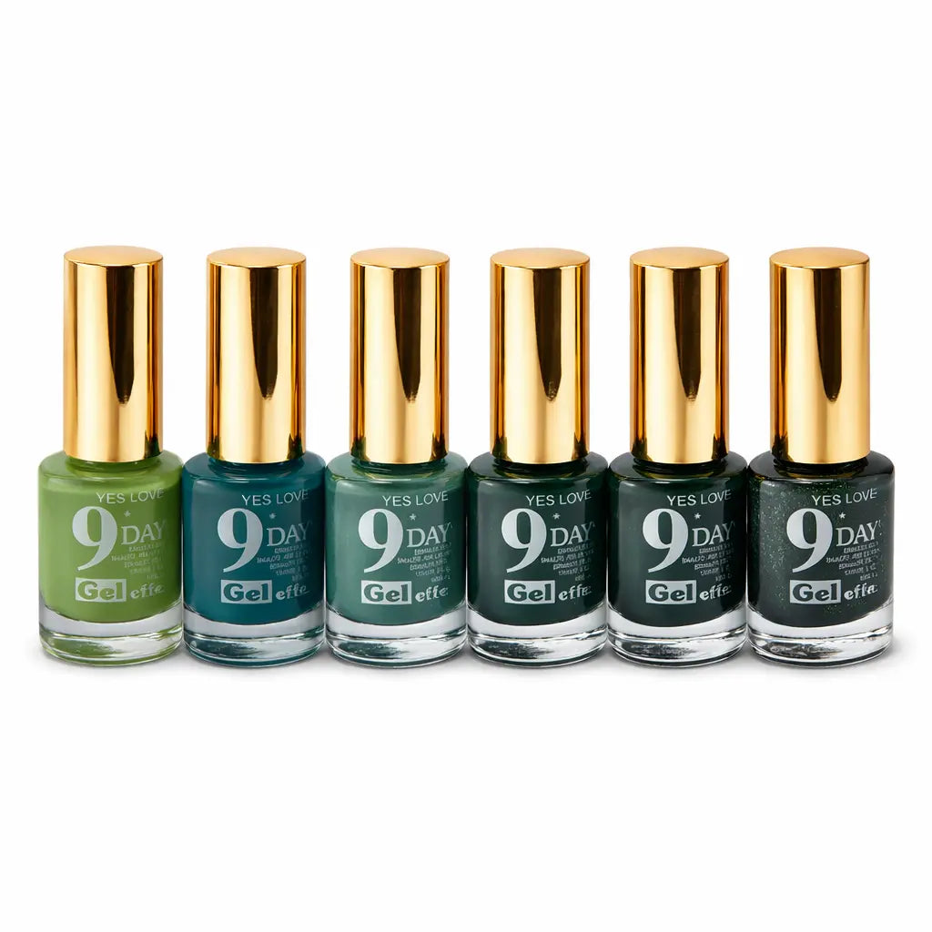 Lot de 6 vernis à ongles verts – dégradé du clair au foncé – effet brillant et pailleté – séchage rapide – tenue jusqu’à 9 jours – 13 ml