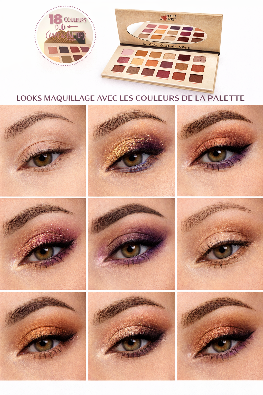Palette Fards à Paupières 18 Couleurs – Nude, Marron & Violet – Matte & Pailleté – Haute Pigmentation – Palette Yeux avec Miroir OCIBEL