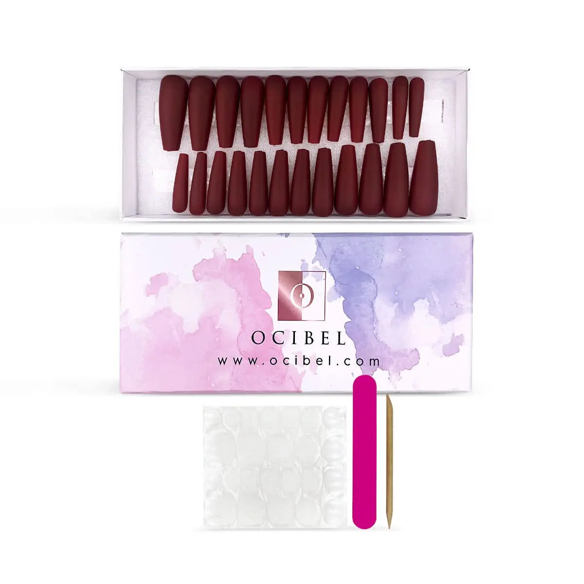 Press On Nails Faux Ongles Réutilisables - Long Coffin Rouge Foncé Mat OCIBEL