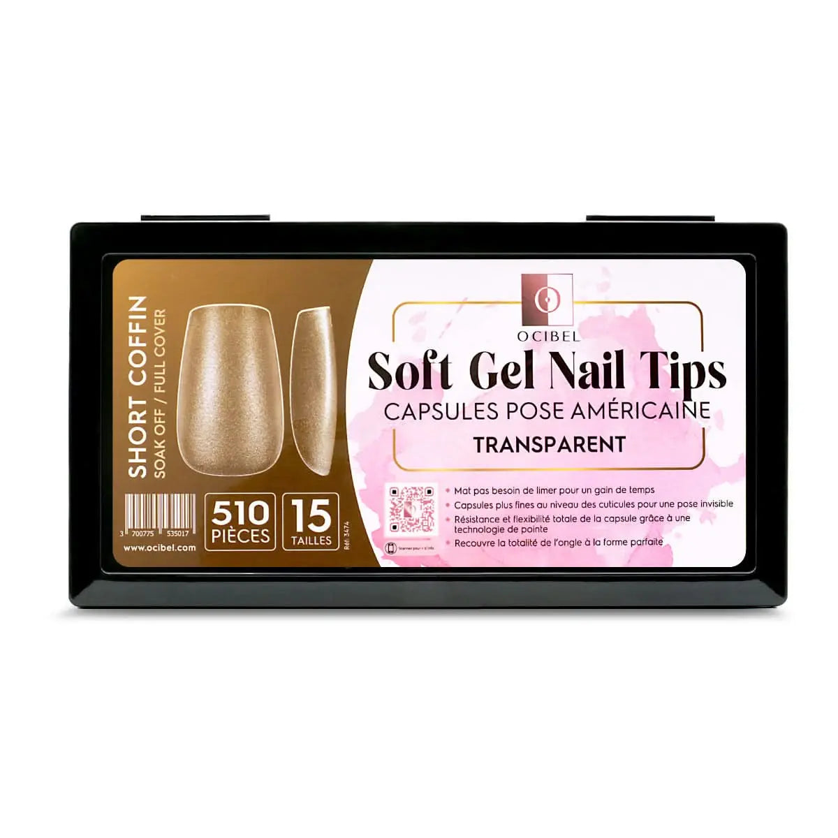 Soft Gel Nail Tips 510 Capsules Pose Américaine Full-Mat Transparente 15 tailles - Short Coffin OCIBEL