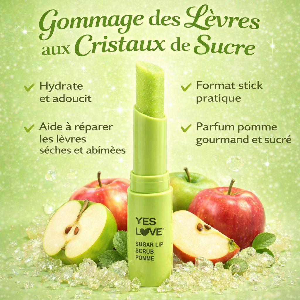 Sugar Lip Scrub Pomme – Gommage des Lèvres aux Cristaux de Sucre Réparateur & Hydratant OCIBEL