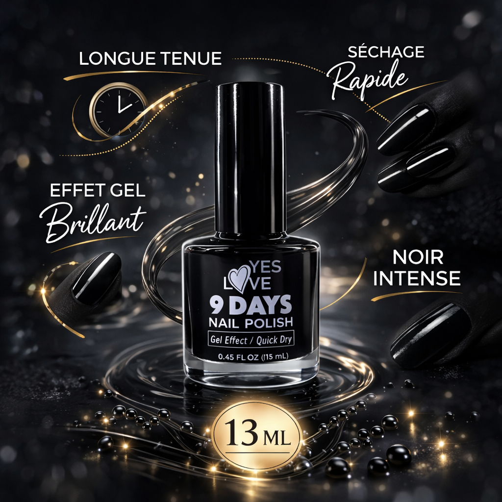 Vernis à ongles noir 13 ml – Tenue jusqu’à 9 jours, séchage rapide à l’air, effet gel brillant, noir intense profond, finition professionnelle OCIBEL
