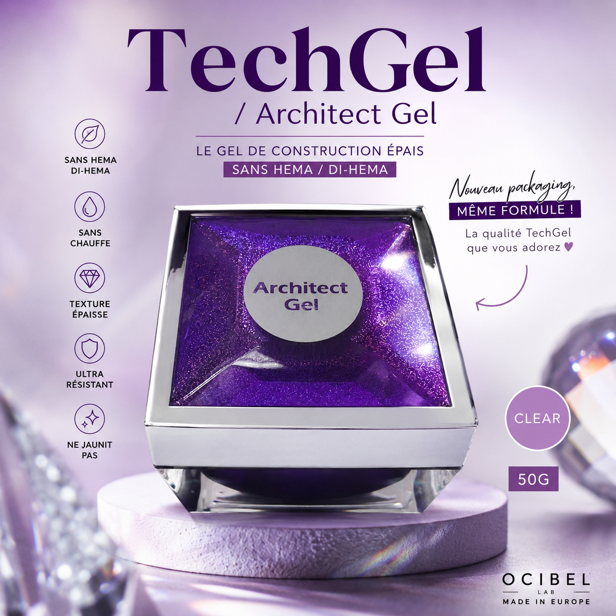 Tech / Architect Gel Clear HEMA-Free 50g – Gel Épais Sans Chauffe - Transparent