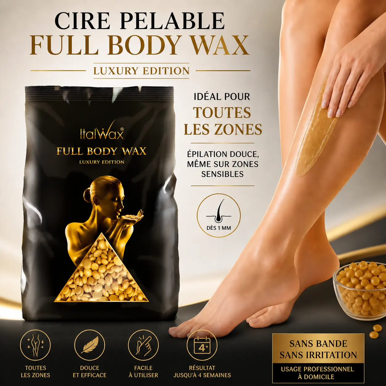 Italwax Full Body Wax 1kg – Cire Pelable Sans Bande Corps & Zones Sensibles - Made in Italy