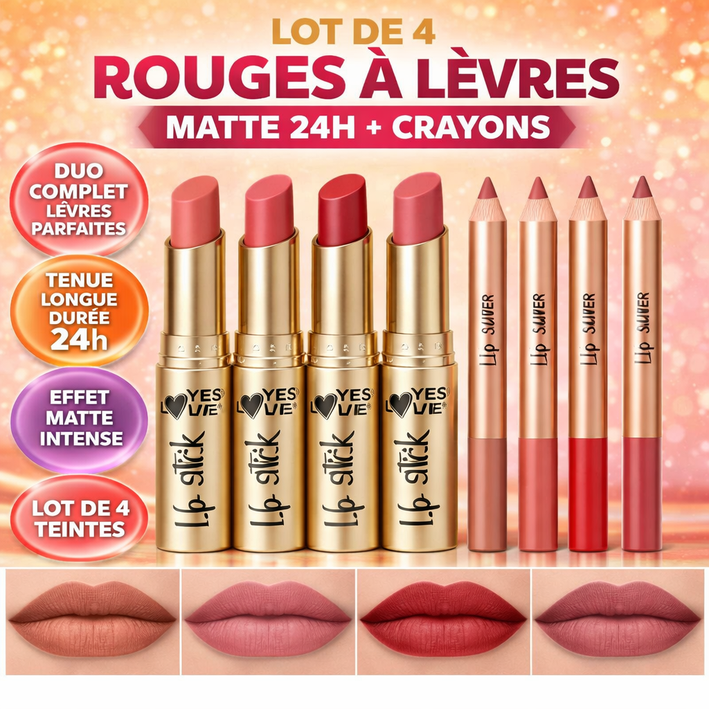 Lot de 4 Crayons + Rouge à Lèvres Mat 24H – Lipstick & Lip Liner Duo Longue Tenue Waterproof Effet Mat Lèvres Parfaites OCIBEL