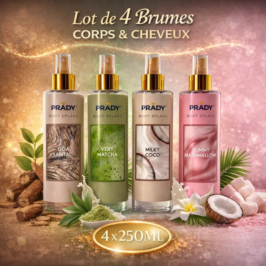 Lot de 4 brumes corps et cheveux PRADY 250 ml – Goa Santal, Very Matcha, Milky Coco, Yummy Marshmallow – Body Splash femme parfum léger gourmand solaire longue tenue OCIBEL
