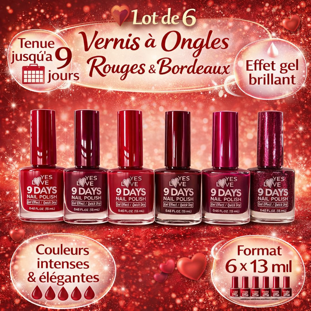 Lot de 6 Vernis à Ongles Rouges & Bordeaux 6 x 13 ml – Effet Gel Brillant – Tenue 9 Jours – Séchage Rapide – Couleurs Intenses & Élégantes – Finition Professionnelle OCIBEL