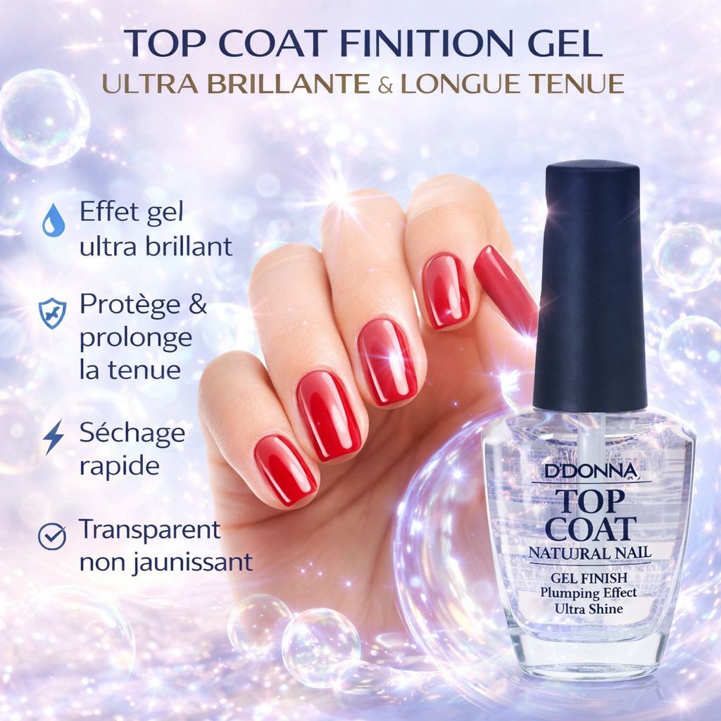 Top Coat Vernis Ongles 15 ml – Finition Gel Ultra Brillante – Protège et Prolonge la Tenue – Effet Plumping & Ultra Shine – Séchage Rapide Sans Jaunir OCIBEL