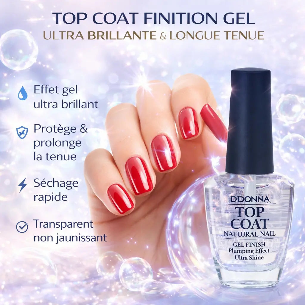 Top Coat Vernis Ongles 15 ml – Finition Gel Ultra Brillante – Protège et Prolonge la Tenue – Effet Plumping & Ultra Shine – Séchage Rapide Sans Jaunir OCIBEL